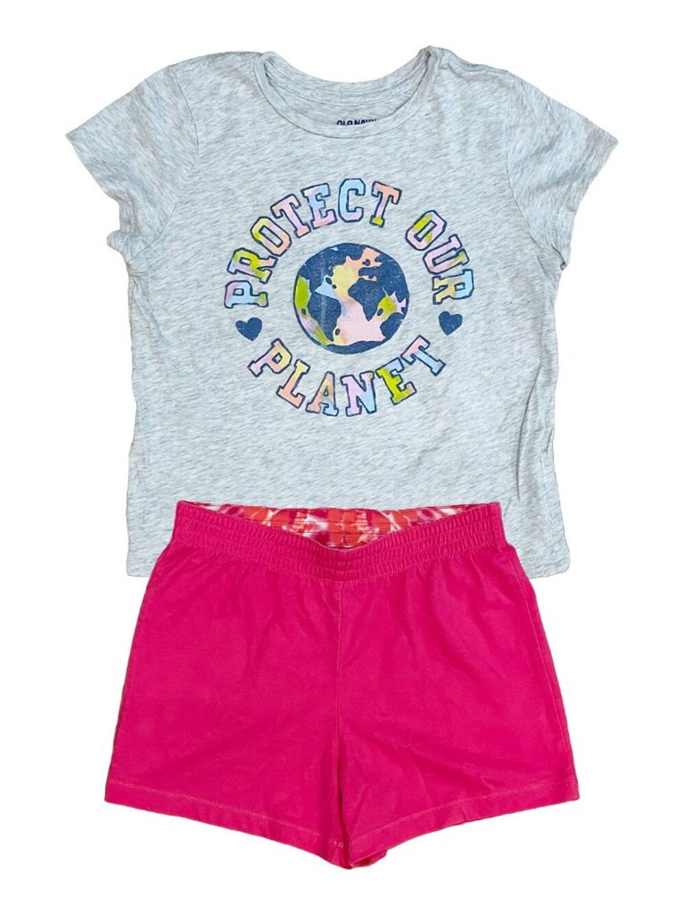 Girls 2 Pc Outfit Set Size 7–8 Gray Earth Day Tee Pink Shorts